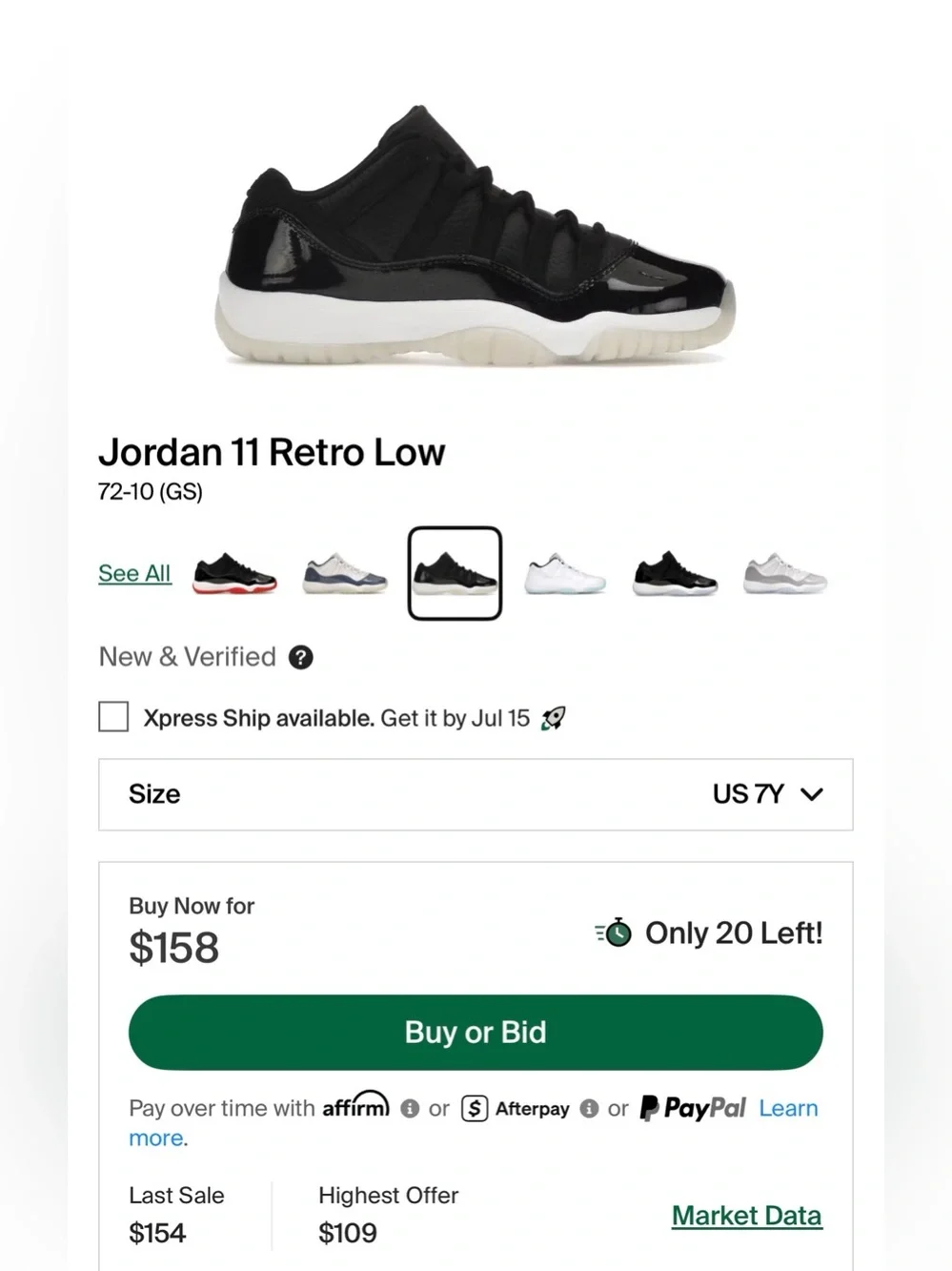 Jordan 11 Retro Low ‘72-10’ GS 2022 (Sz 7Y/8.5W)